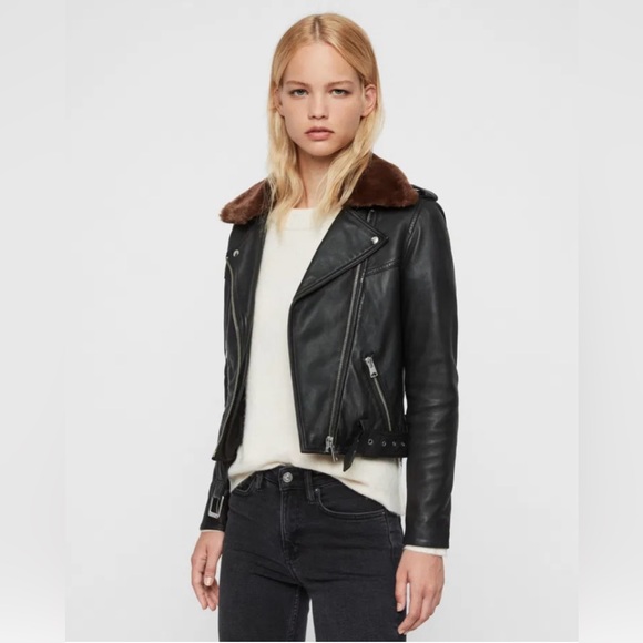 ALLSAINTS Rigby Lux Leather Biker Jacket w/ detachable faux fur collar, size 2 - Picture 4 of 11